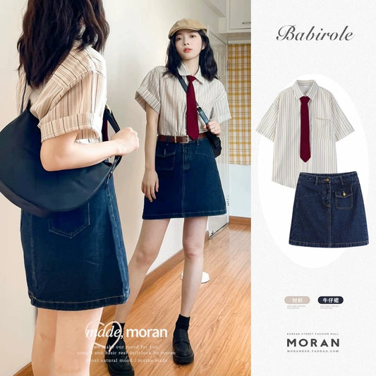 Hong Kong chic retro girl outfit suit loose sweet cool style striped shirt denim skirt two-piece summer set