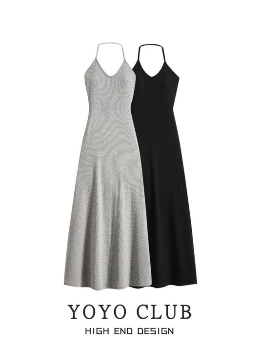 YOYO CLUB large size design halter neck suspender dress women's summer high-end draped long A-line skirt