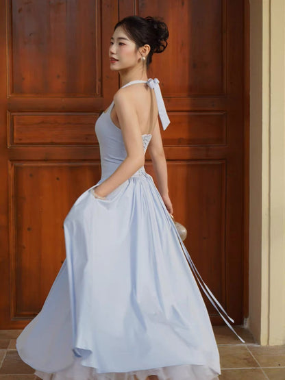 DANA Vintage Hepburn-Style Backless Halter Dress – An Exquisite, Elegant Midi Gown (reminiscent of the iconic "Bei Weiwei" look)