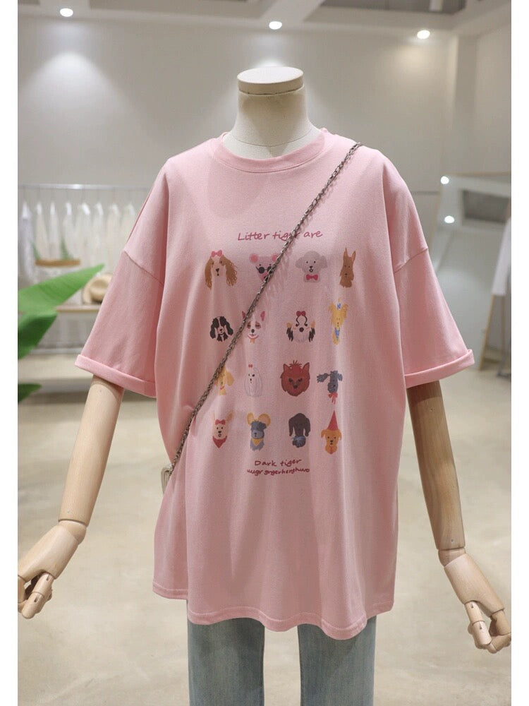 Comfortable age-reducing cute puppy print 2024 spring and summer loose and slim round neck pure cotton short-sleeved T-shirt for women