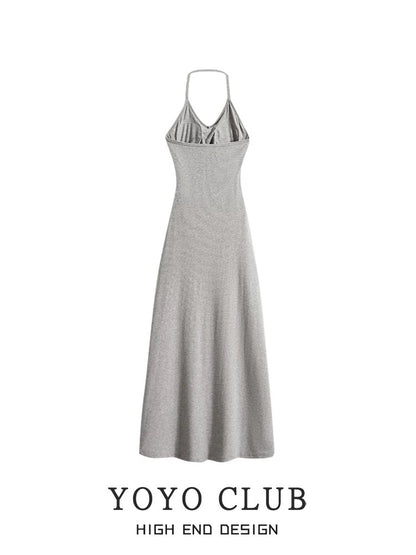 YOYO CLUB large size design halter neck suspender dress women's summer high-end draped long A-line skirt