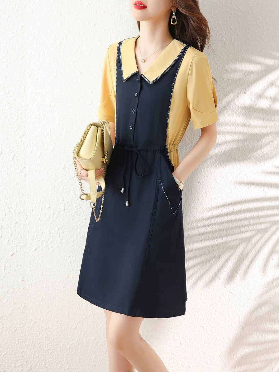 Fashion casual fake two-piece dress women's clothing 2025 summer new European goods medium-length loose stitching skirt trend