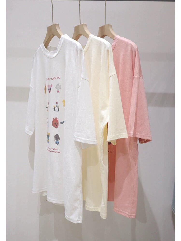 Comfortable age-reducing cute puppy print 2024 spring and summer loose and slim round neck pure cotton short-sleeved T-shirt for women