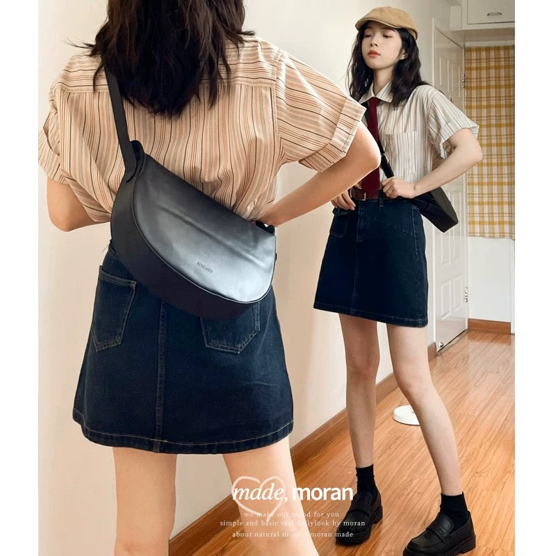 Hong Kong chic retro girl outfit suit loose sweet cool style striped shirt denim skirt two-piece summer set
