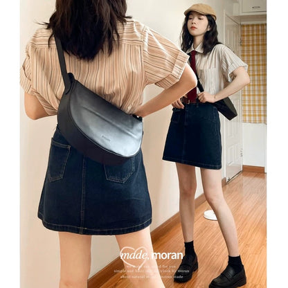Hong Kong chic retro girl outfit suit loose sweet cool style striped shirt denim skirt two-piece summer set