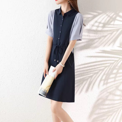 Fashion casual fake two-piece dress women's clothing 2025 summer new European goods medium-length loose stitching skirt trend