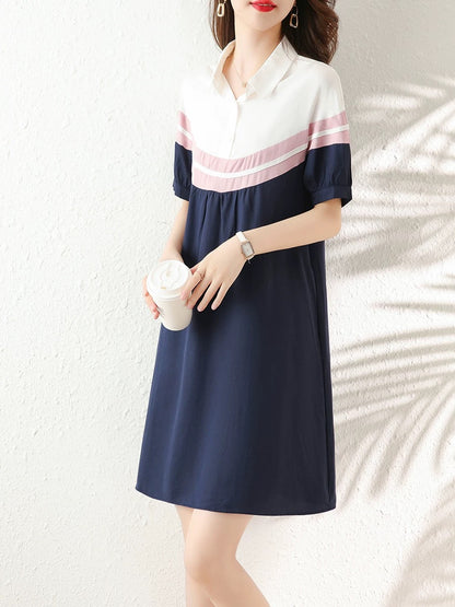 2025 summer new large size loose mid-length dress female temperament splicing contrast color polo casual A-line skirt