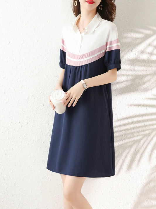 2025 summer new large size loose mid-length dress female temperament splicing contrast color polo casual A-line skirt