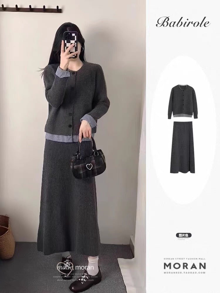 Korean style women's complete outfit, 2025 new autumn round neck faux two-piece knitted cardigan and long skirt set