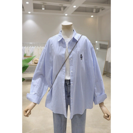 Comfortable and versatile bear embroidery on the chest 2024 spring loose slimming pinstripe cotton long-sleeved shirt women's shirt