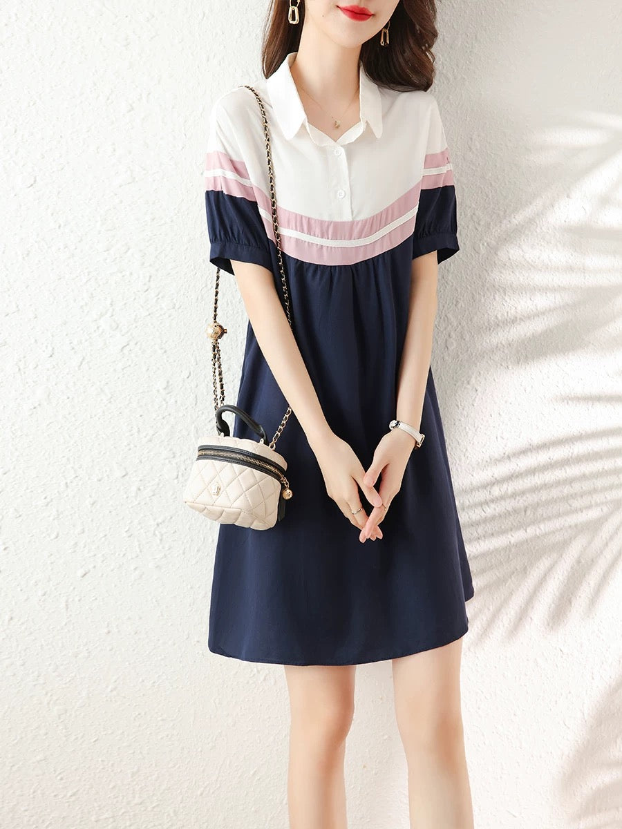 2025 summer new large size loose mid-length dress female temperament splicing contrast color polo casual A-line skirt