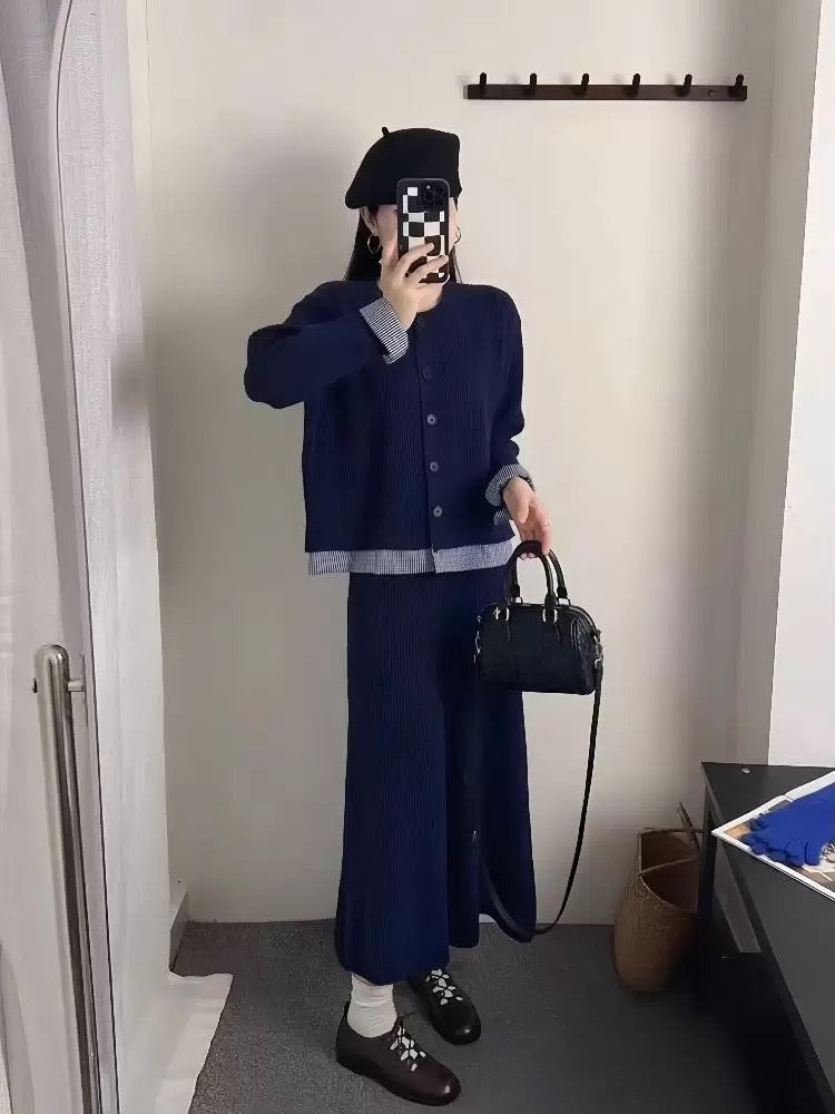 Korean style women's complete outfit, 2025 new autumn round neck faux two-piece knitted cardigan and long skirt set