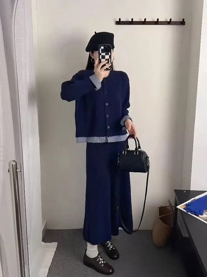 Korean style women's complete outfit, 2025 new autumn round neck faux two-piece knitted cardigan and long skirt set