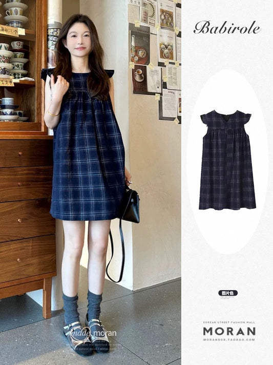 Blue plaid flying sleeves suspender dress for women summer sweet short babydoll dress for little people sleeveless vest