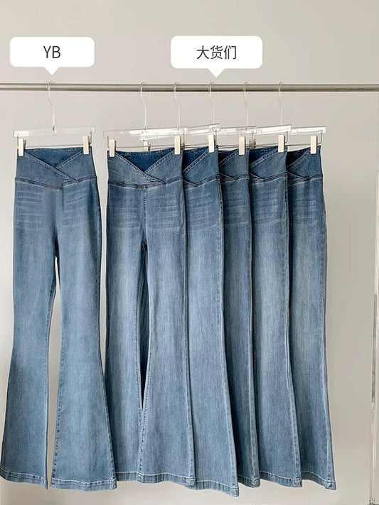 Full elastic zipper-free high waist hip-lifting denim flared pants high waist elastic retro American flared pants for women