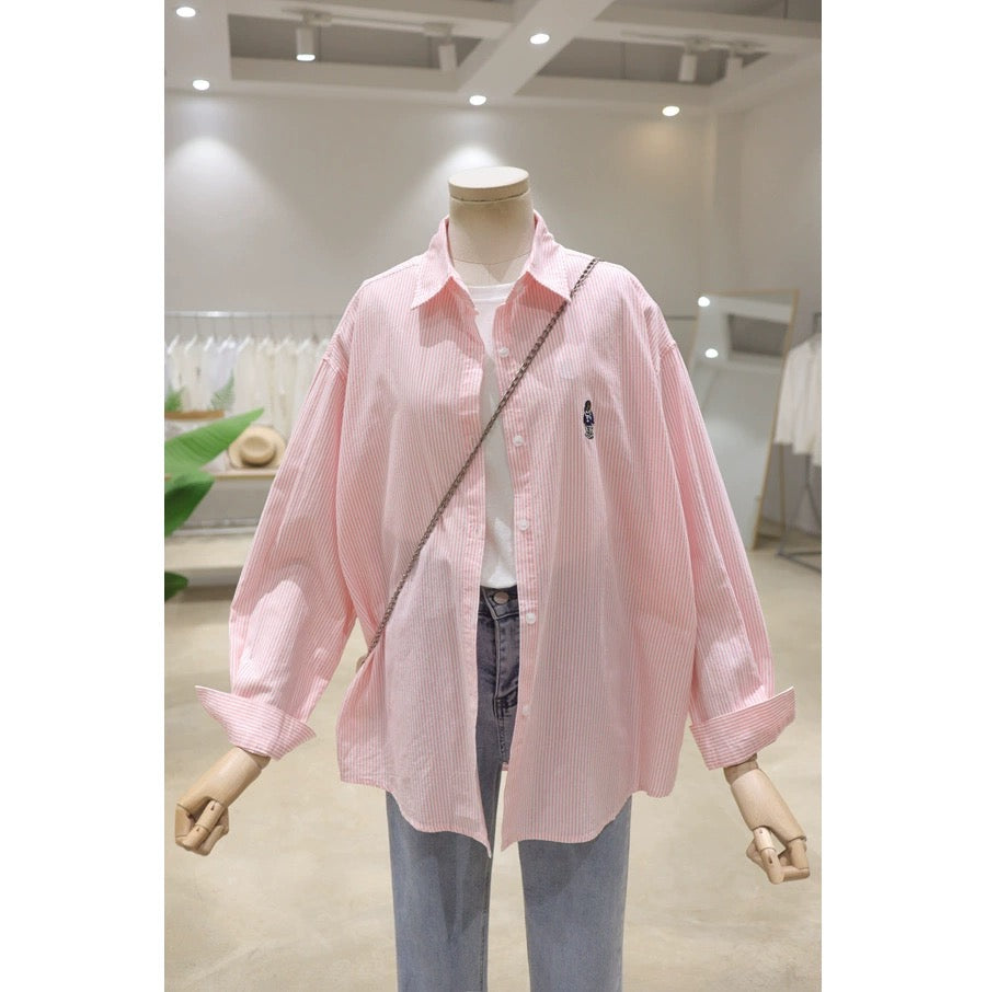 Comfortable and versatile bear embroidery on the chest 2024 spring loose slimming pinstripe cotton long-sleeved shirt women's shirt