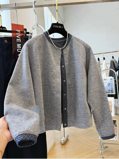 Korean early autumn plaid stitching round neck sports casual short sweater jacket women's Korean style Korean style jacket
