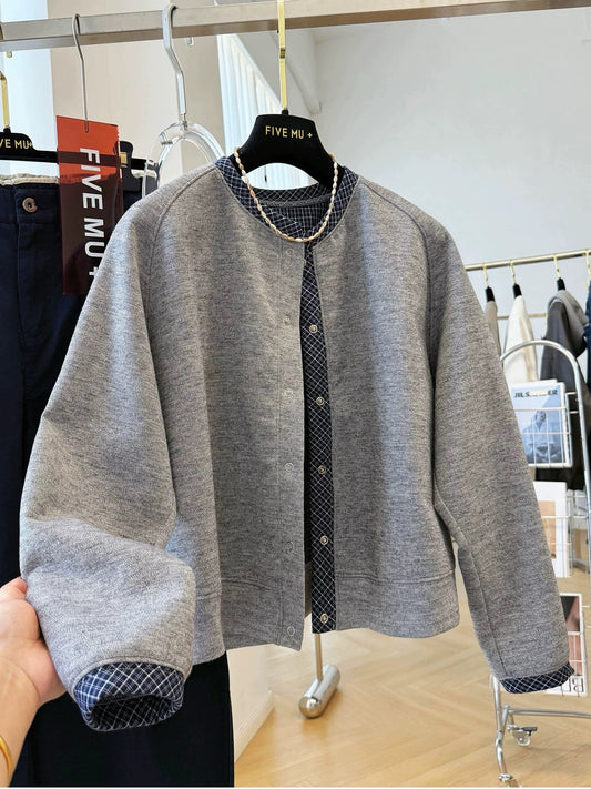 Korean early autumn plaid stitching round neck sports casual short sweater jacket women's Korean style Korean style jacket