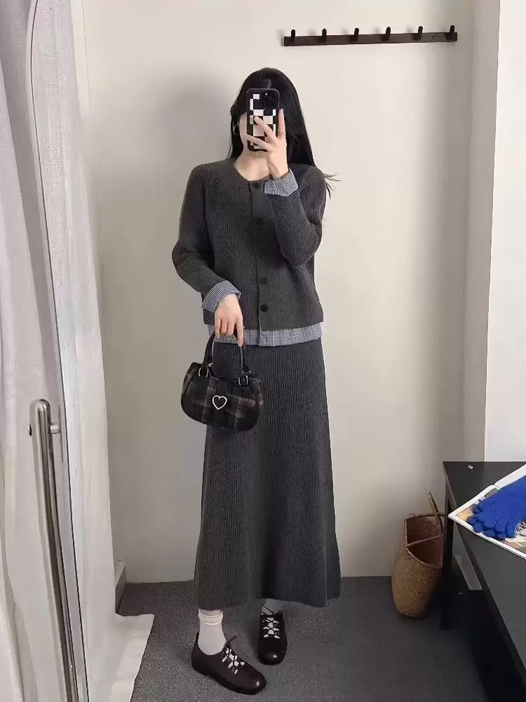 Korean style women's complete outfit, 2025 new autumn round neck faux two-piece knitted cardigan and long skirt set