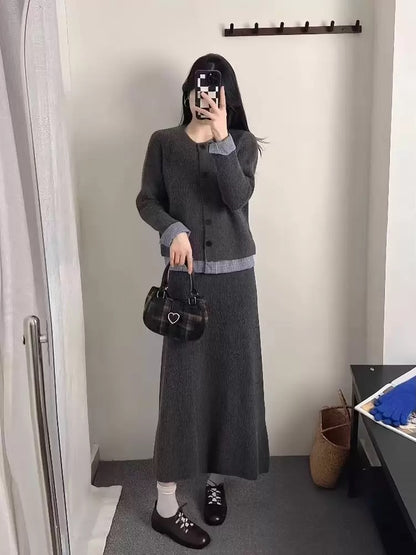 Korean style women's complete outfit, 2025 new autumn round neck faux two-piece knitted cardigan and long skirt set