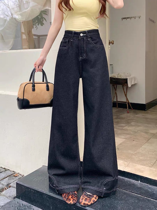 Kumikumi Women's Washed Black Wide-Leg Jeans – High-Waisted, Slimming, Versatile Straight-Leg Style for Summer