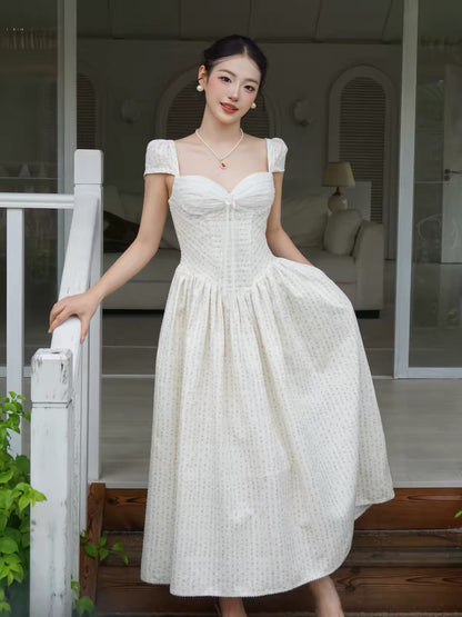 DANA "Old Money" Aesthetic Square-Neck Dress – A Flowy, Mid-Length, Floral-Print Gown with a Gentle, Feminine Vibe; Perfect for Birthdays