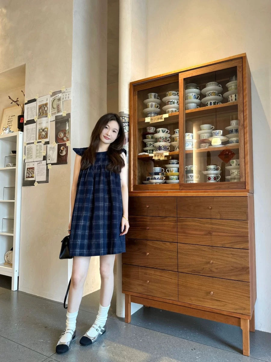 Blue plaid flying sleeves suspender dress for women summer sweet short babydoll dress for little people sleeveless vest
