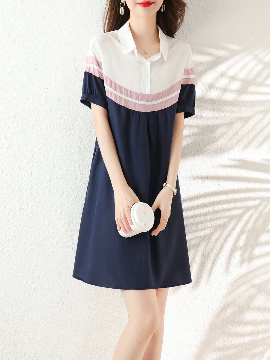 2025 summer new large size loose mid-length dress female temperament splicing contrast color polo casual A-line skirt