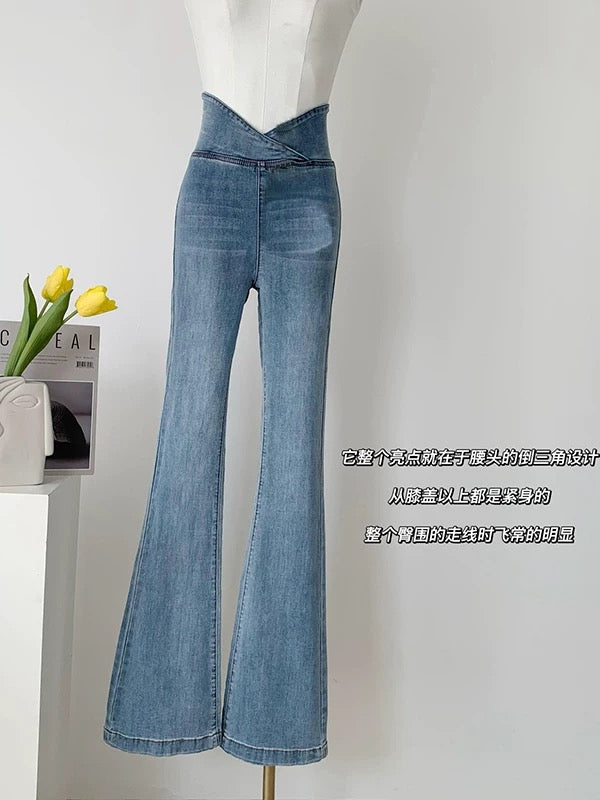Full elastic zipper-free high waist hip-lifting denim flared pants high waist elastic retro American flared pants for women