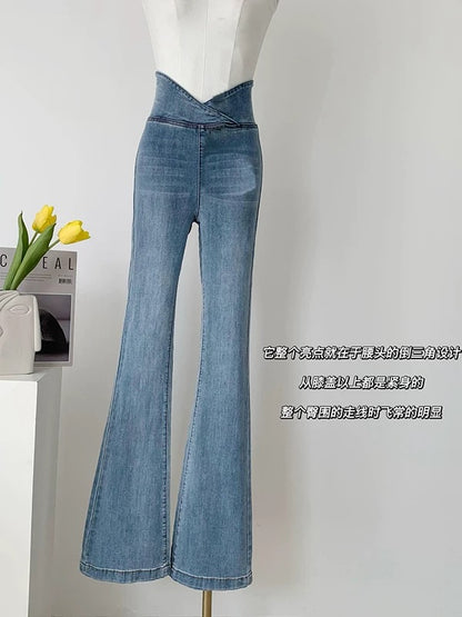 Full elastic zipper-free high waist hip-lifting denim flared pants high waist elastic retro American flared pants for women