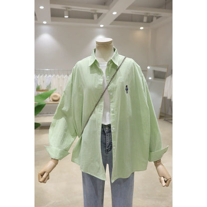 Comfortable and versatile bear embroidery on the chest 2024 spring loose slimming pinstripe cotton long-sleeved shirt women's shirt