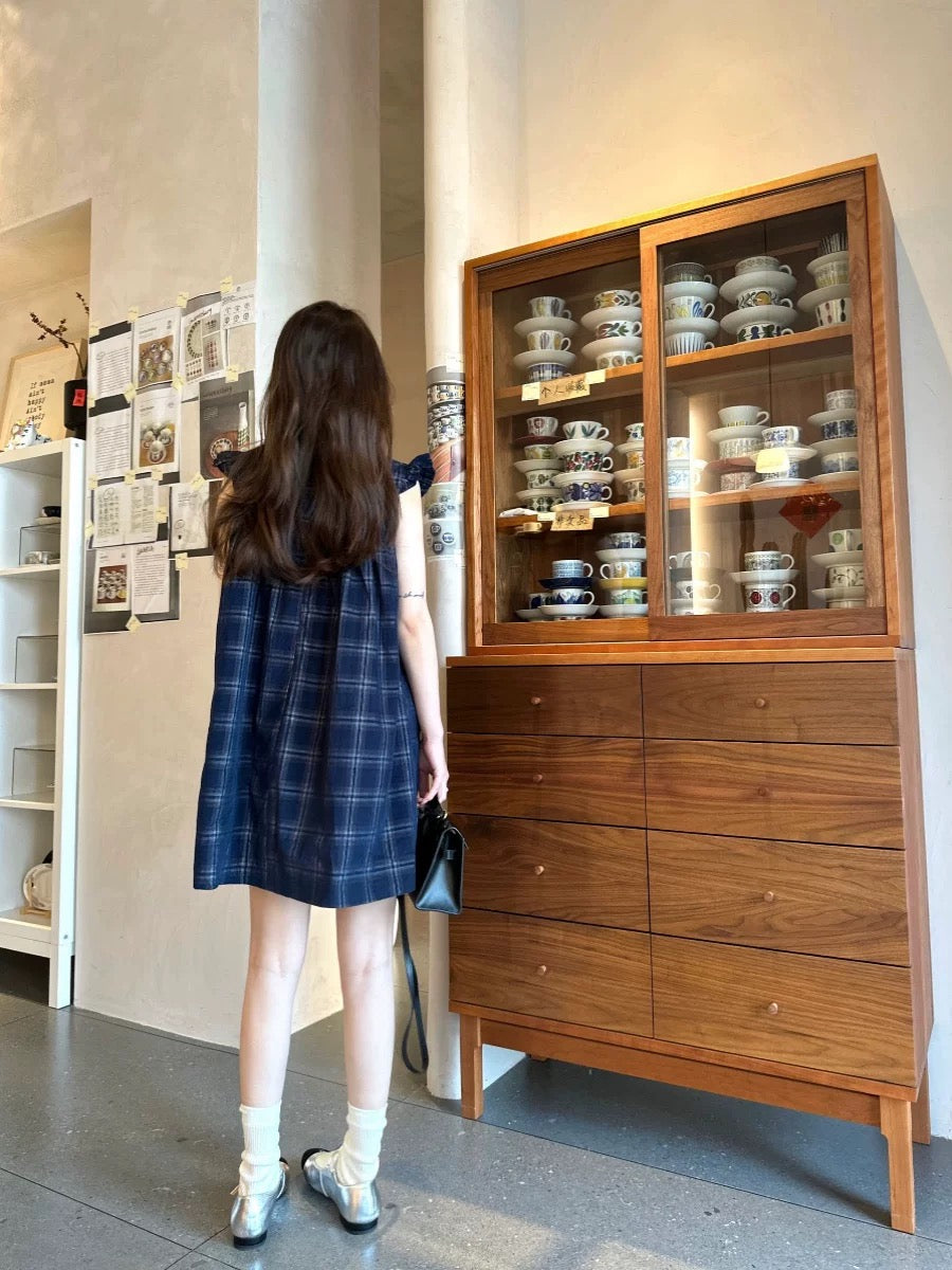 Blue plaid flying sleeves suspender dress for women summer sweet short babydoll dress for little people sleeveless vest