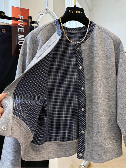 Korean early autumn plaid stitching round neck sports casual short sweater jacket women's Korean style Korean style jacket
