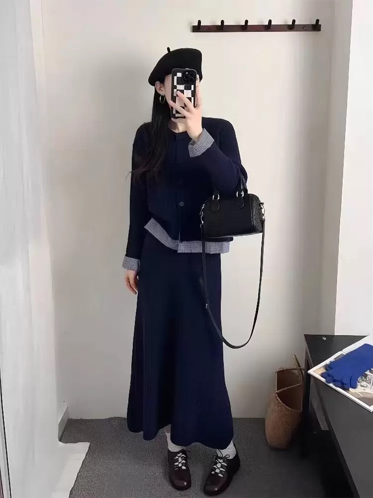 Korean style women's complete outfit, 2025 new autumn round neck faux two-piece knitted cardigan and long skirt set