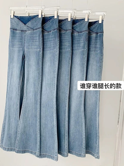 Full elastic zipper-free high waist hip-lifting denim flared pants high waist elastic retro American flared pants for women
