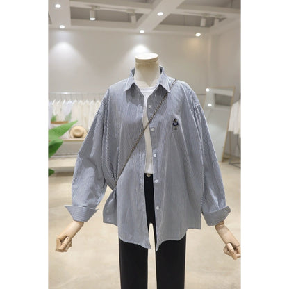 Comfortable and versatile bear embroidery on the chest 2024 spring loose slimming pinstripe cotton long-sleeved shirt women's shirt