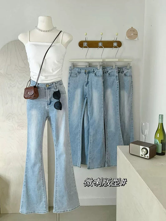 Duolaimei Legs are haunted Super stretch light blue flared jeans slim fit slimming versatile pants