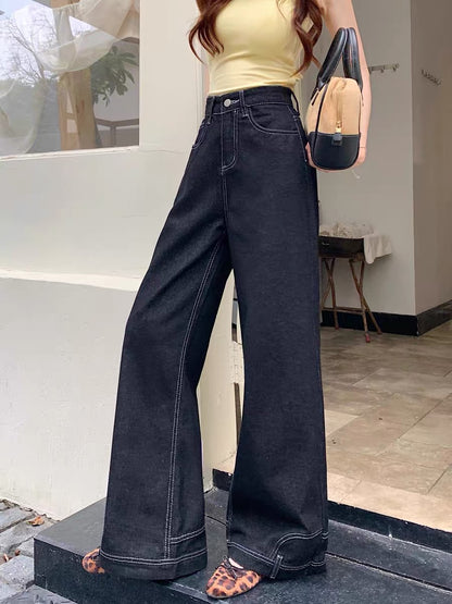 Kumikumi Women's Washed Black Wide-Leg Jeans – High-Waisted, Slimming, Versatile Straight-Leg Style for Summer