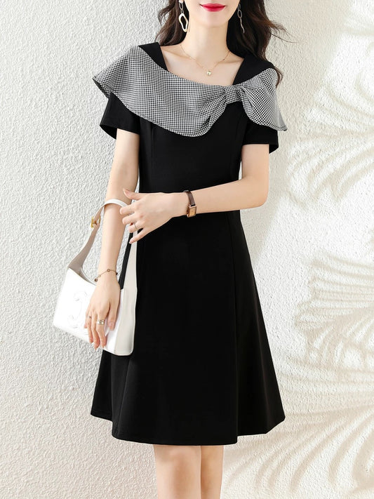 2025 summer new short-sleeved splicing dress slim temperament Western style slim little black skirt European station dress for women