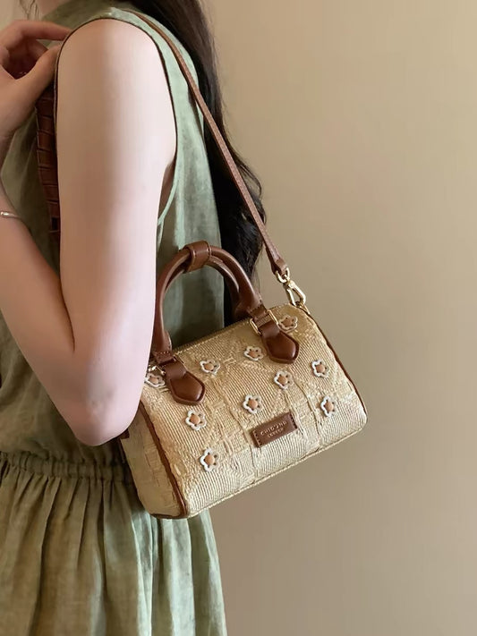 Nanfeng Chio2nd "Floral Holiday" Boston Bag – Women's Straw-Texture Handbag (Shoulder/Crossbody)