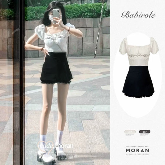 Salt series pure desire girl suit summer one-line collar top sweet hot girl skirt two-piece set small and age-reducing fashion