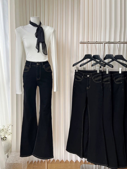 Duolaimei low waist slim pants black tight flared jeans women autumn 2024 new trousers women
