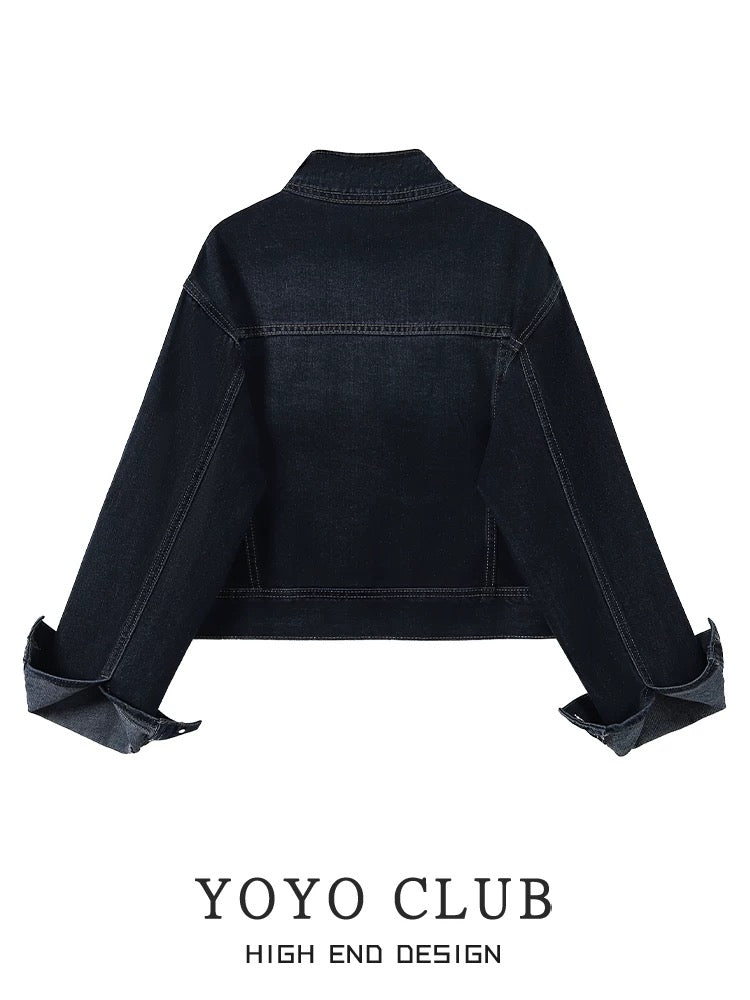 YOYO CLUB Hong Kong style retro short denim jacket autumn new design unique stand-up collar jacket top
