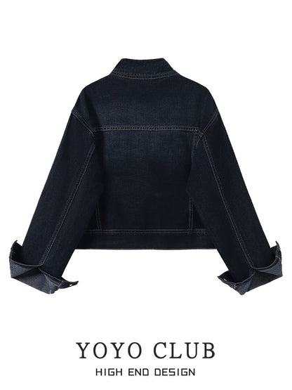 YOYO CLUB Hong Kong style retro short denim jacket autumn new design unique stand-up collar jacket top