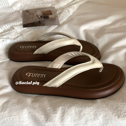 Summer wear as you like~ Korean retro minimalist flip-flops for women, perfect for summer, flat, beach shoes