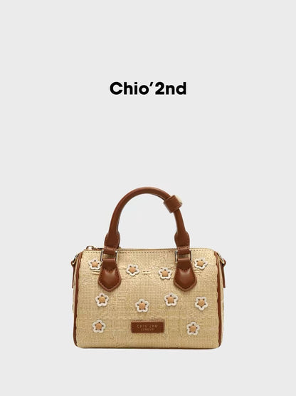 Nanfeng Chio2nd "Floral Holiday" Boston Bag – Women's Straw-Texture Handbag (Shoulder/Crossbody)