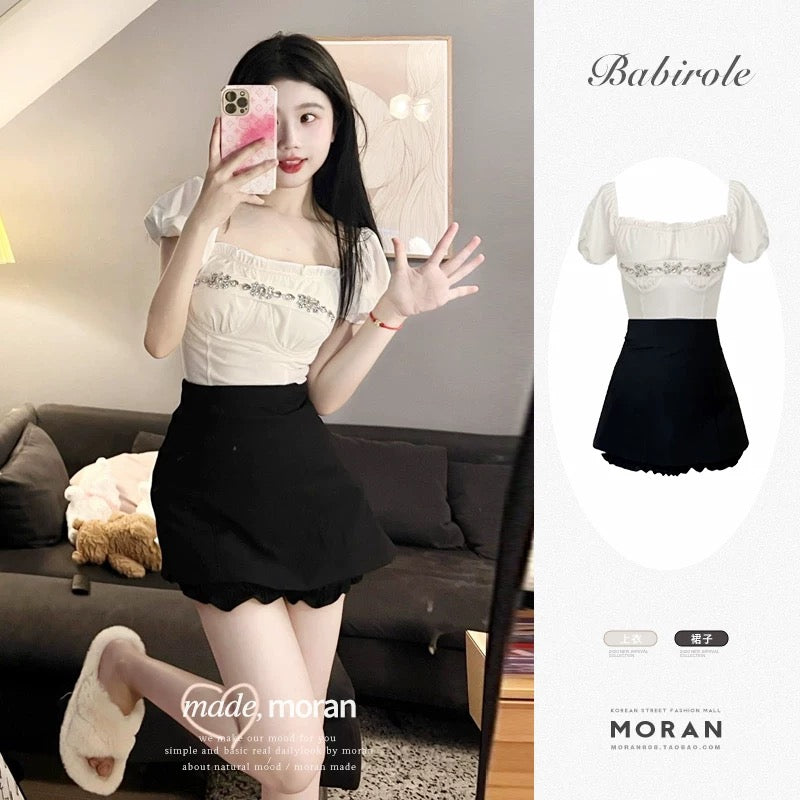 Salt series pure desire girl suit summer one-line collar top sweet hot girl skirt two-piece set small and age-reducing fashion