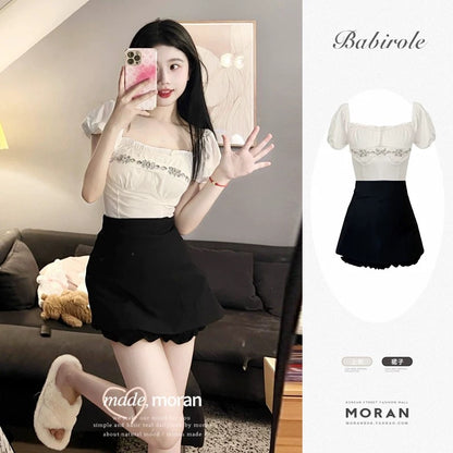 Salt series pure desire girl suit summer one-line collar top sweet hot girl skirt two-piece set small and age-reducing fashion