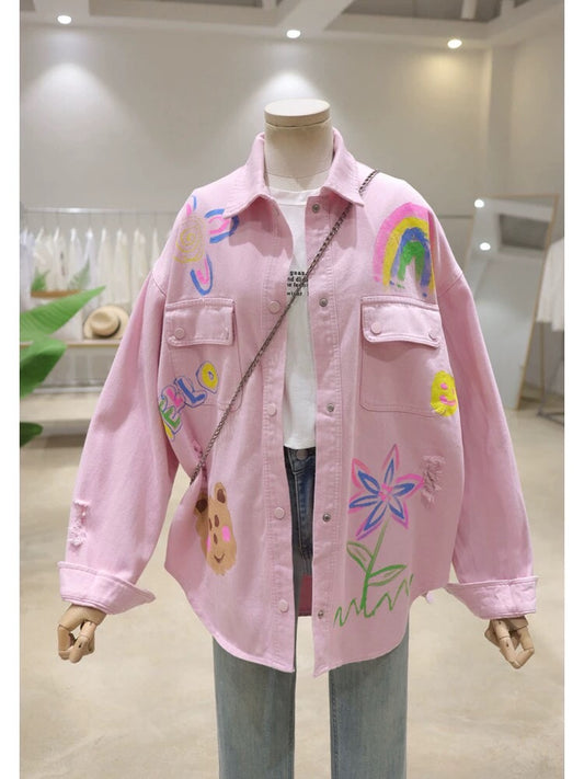 Heavy Industry Bear Graffiti Print 2024 Spring Loose Mid-Length Shattered Washed Cotton Denim Jacket for Women
