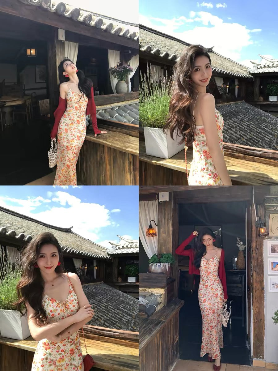 MULVAN Wild Rose Print V-Neck Maxi Dress – Slim-Fit Lace-Paneled Camisole Style with Vacation-Ready Floral Pattern